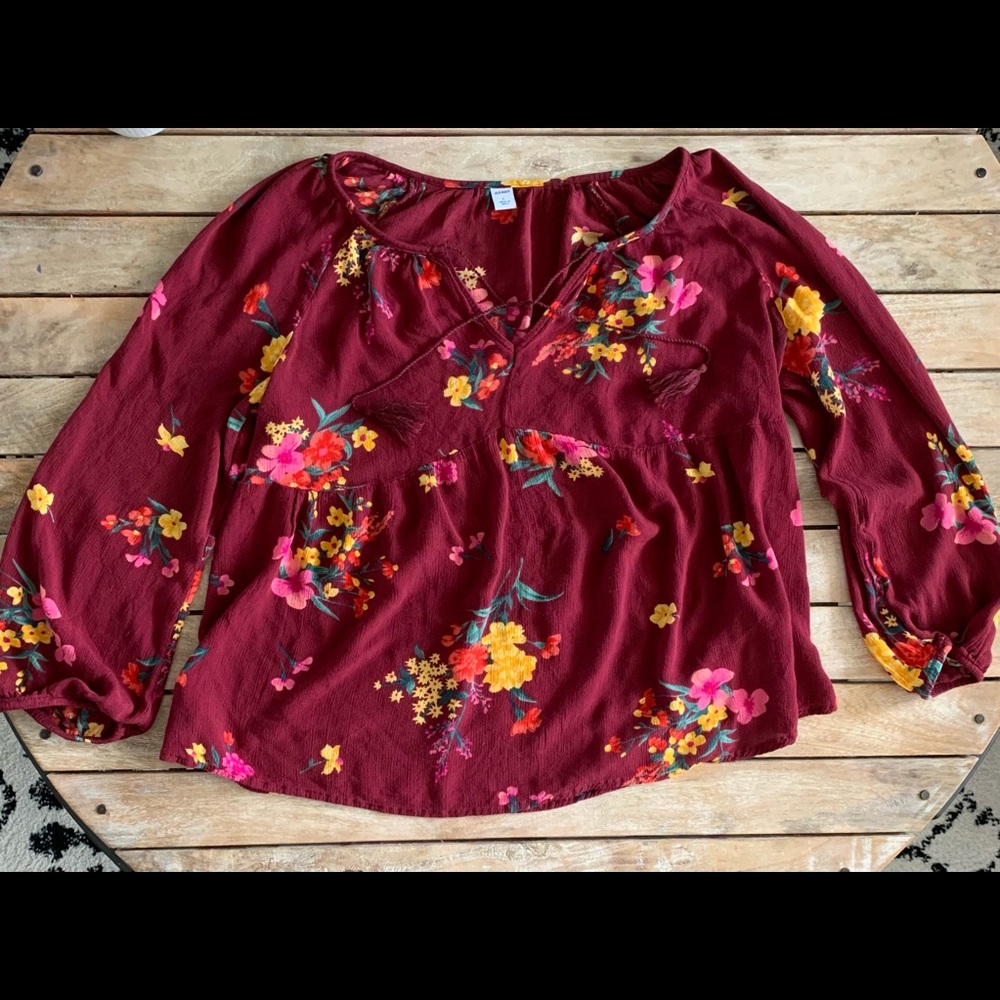 Old navy boho peasant top maroon floral womens size large